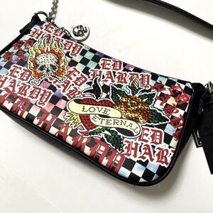 NWT ED HARDY Shoulder Bag Love Eternal Skull Rhinestone Checkered Tattoo Print
